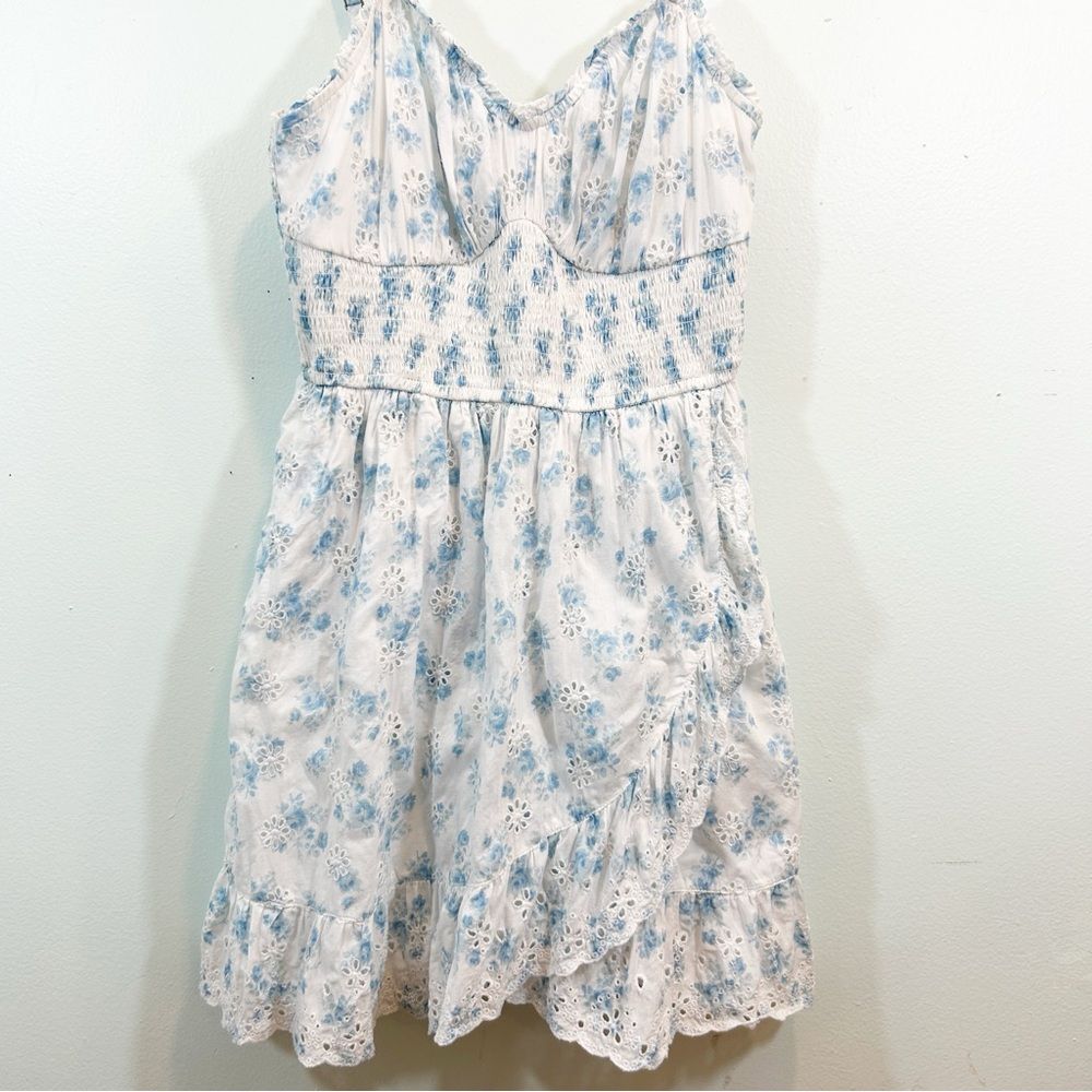Hollister White and Blue Large Ditsy Floral Mini Dress Babydoll Eyelet Ruffle